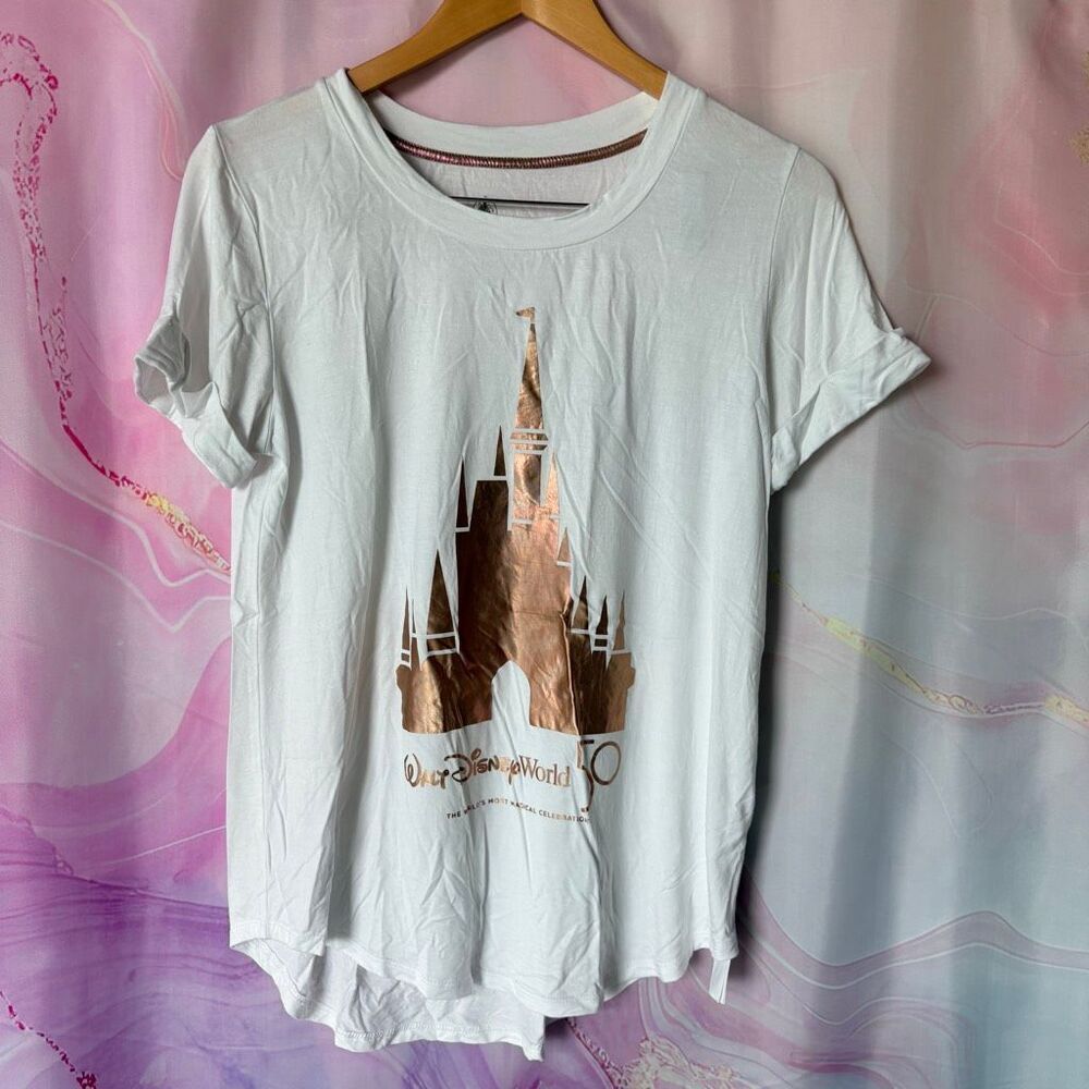 Walt Disney World M 50 Years White Shirt Rose Gold Metallic Cinderella's Castle